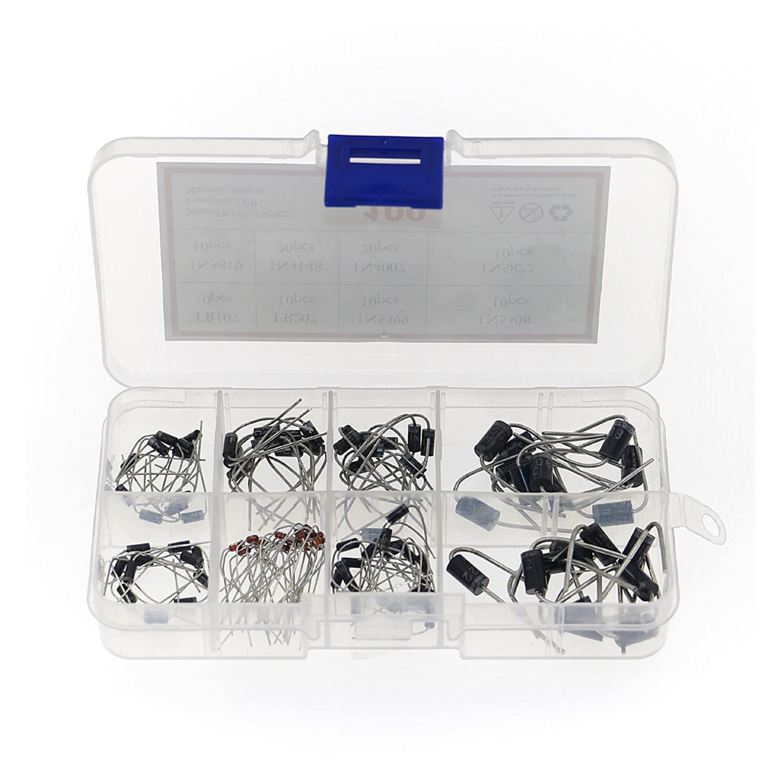 100 Stück Dioden-Set Gleichrichter Schottky 1N4007 1N4148 1N5817 1N5408 1N5822 1N5399 FR107 FR207 im Komponentenkasten