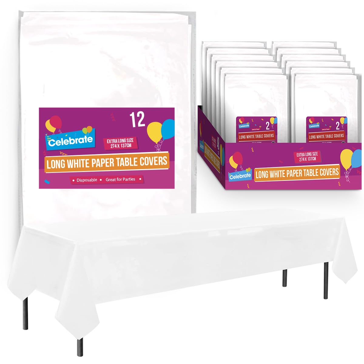 SOL 12pk Long White Table Cloth Party 274x137cm Plastic Cover Disposable Tablecloths for Parties - Heavy Duty Spill Protection - Opaque Design for Weddings, Buffets, Catering, Outdoor & Theme Events