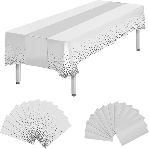 Miniatura 8 de Paquete de 12 manteles de plástico rojo para mesa rectangular desechables y de satén, manteles rojos para fiestas y camino de mesa dorado para