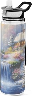 ALAZA Waterfall Bridge Flowers House Water Bottle with Straw Lid 32oz Leakproof Sport Water Bottle Clear Large Gym Water Jug for Women Men Outdoor