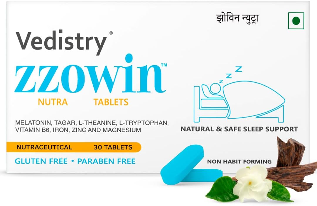 Zzowin Sleep Support Tablets with Melatonin 5mg | Relief for Insomnia & Disturbed Sleep | 6X Faster, Deep & Restful Sleep | Contains Tagar, Magnesium, Zinc, L-Theanine & L-Tryptophan - 30 Tablets (Pack of 1)