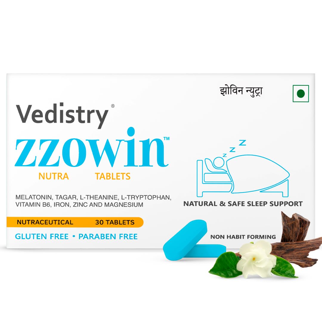 Zzowin Sleep Support Tablets with Melatonin 5mg | Relief for Insomnia & Disturbed Sleep | 6X Faster, Deep & Restful Sleep | Contains Tagar, Magnesium, Zinc, L-Theanine & L-Tryptophan - 30 Tablets (Pack of 1)