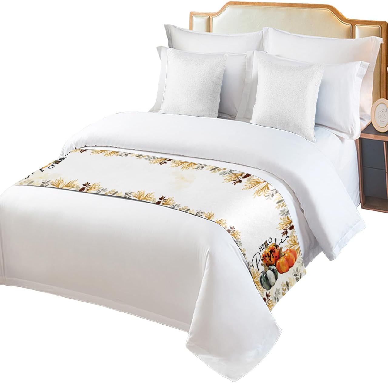 Thanksgiving Bed Runner Scarf Fall Pumpkin Retro Botanical Leaves Bedding Scarf Decorative Bed Runners Cover for Home Bedroom Hotel Wedding Room Bed Scarf for Foot of Bed Queen 83x20in