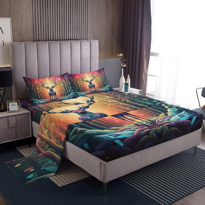 Juego de sábanas de ciervo tamaño Queen, sábanas de microfibra suave con bolsillo profundo y estampado sin arrugas, 4 piezas (1 sábana bajera, 1