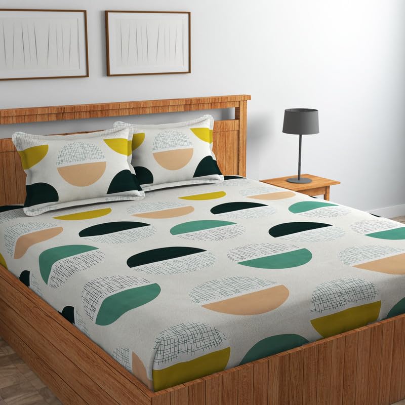 NEW LEAF Premium Cotton Flat Double Bedsheets with 2 King Size Pillow Covers | Double Bed Breathable | Wrinklefree | Ultrasoft 220 tc Supersoft Floral | 90×90 Inches, Half Cricle White Green