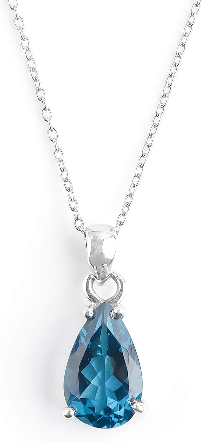 InfinityGemsArt London Blue Topaz Pendant Necklace for Women, Birthstone, Prong, Natural Cut Gemstone, Dainty Handmade Jewelry, Chakra Energy Healing Crystals, 925 Silver Chain 18 inch