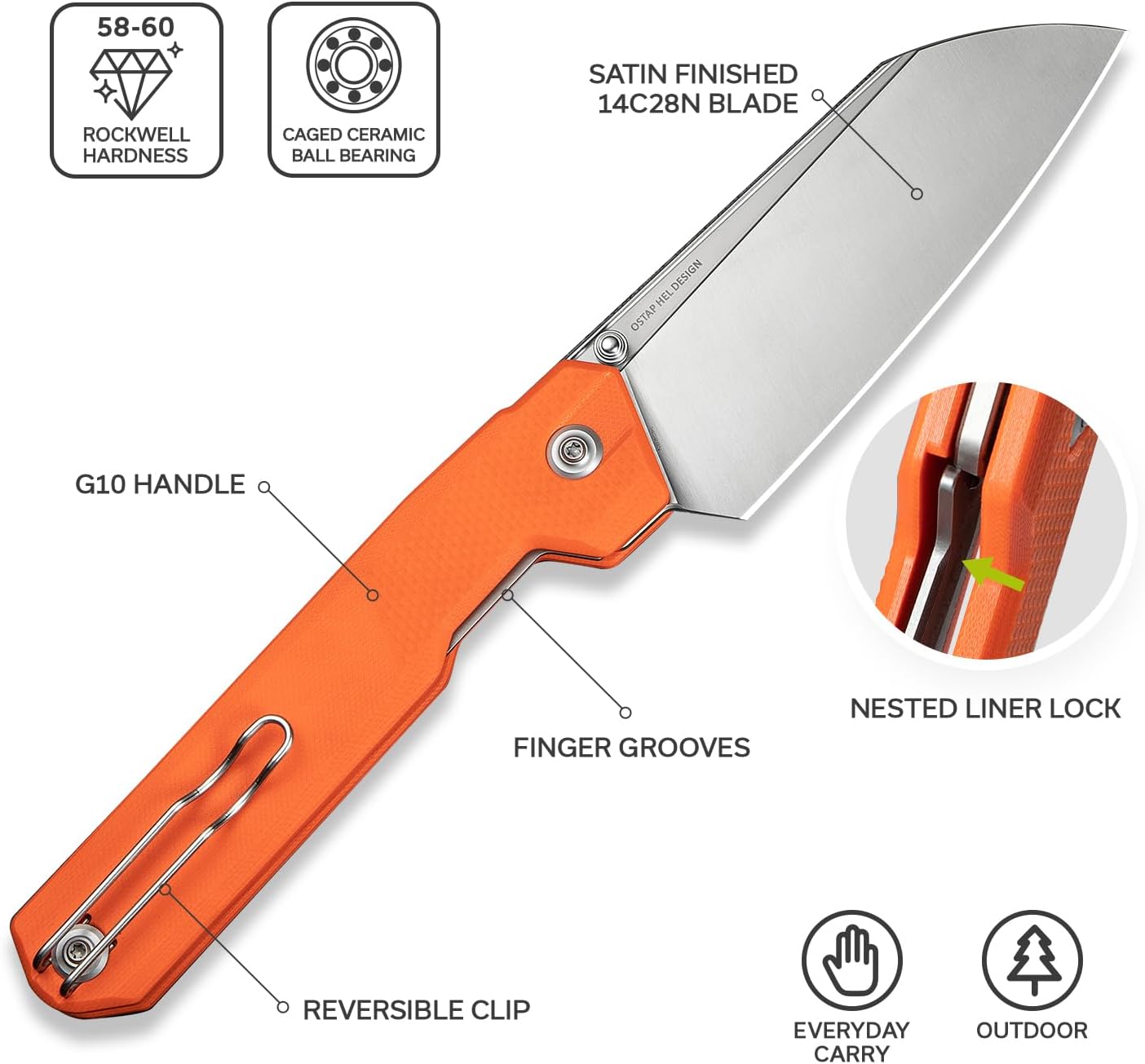 CIVIVI Hid Folding Pocket Knife, 4.14" Swedish 14C28N Blade G10 Handle Nested Liner Lock Kitchen Knife with Thumb Stud Opener, Ideal for Outdoor Use Camping Hiking and EDC C23008-4, Orange