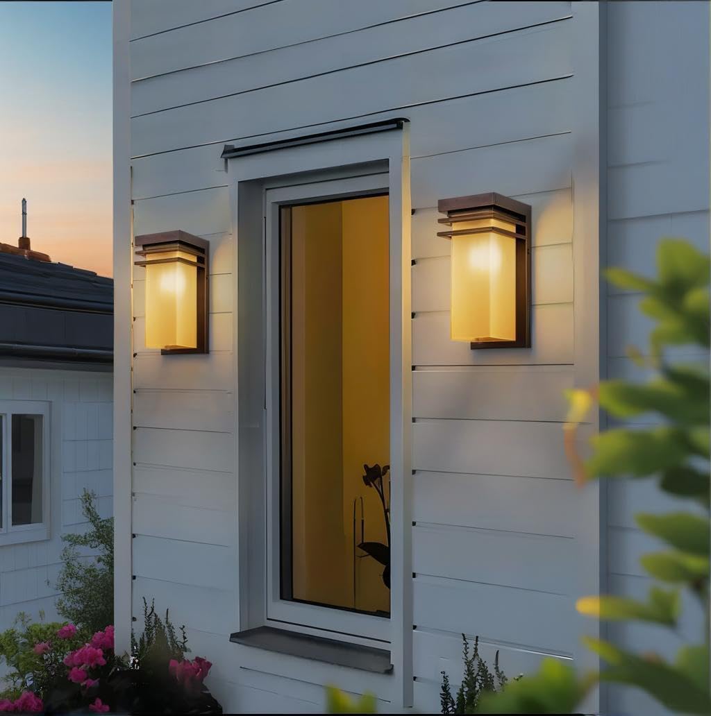 Outdoor Wall Lights Set of 2, Front Porch Sconce Lighting Wall Mount, Exterior Wall Lamps with Antique Amber Glass for House, Patio Light Fixture, Commercial Use, E26 Base