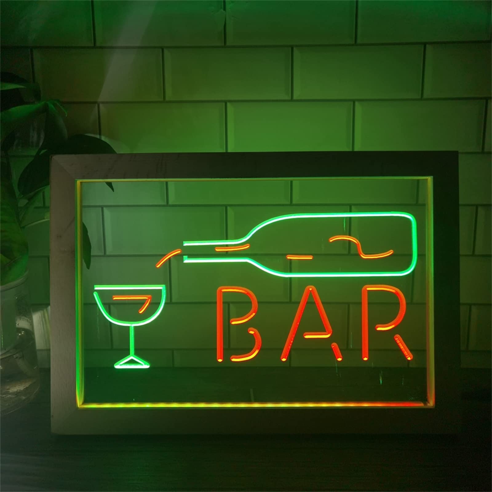 Insegna al Neon a LED per Bar, Decorazioni per Bottiglie di Cocktail di Vino USB Cornice per Foto in Legno Lampada da Tavolo luci al Neon luci notturne da scrivania,Green Red,32x22cm