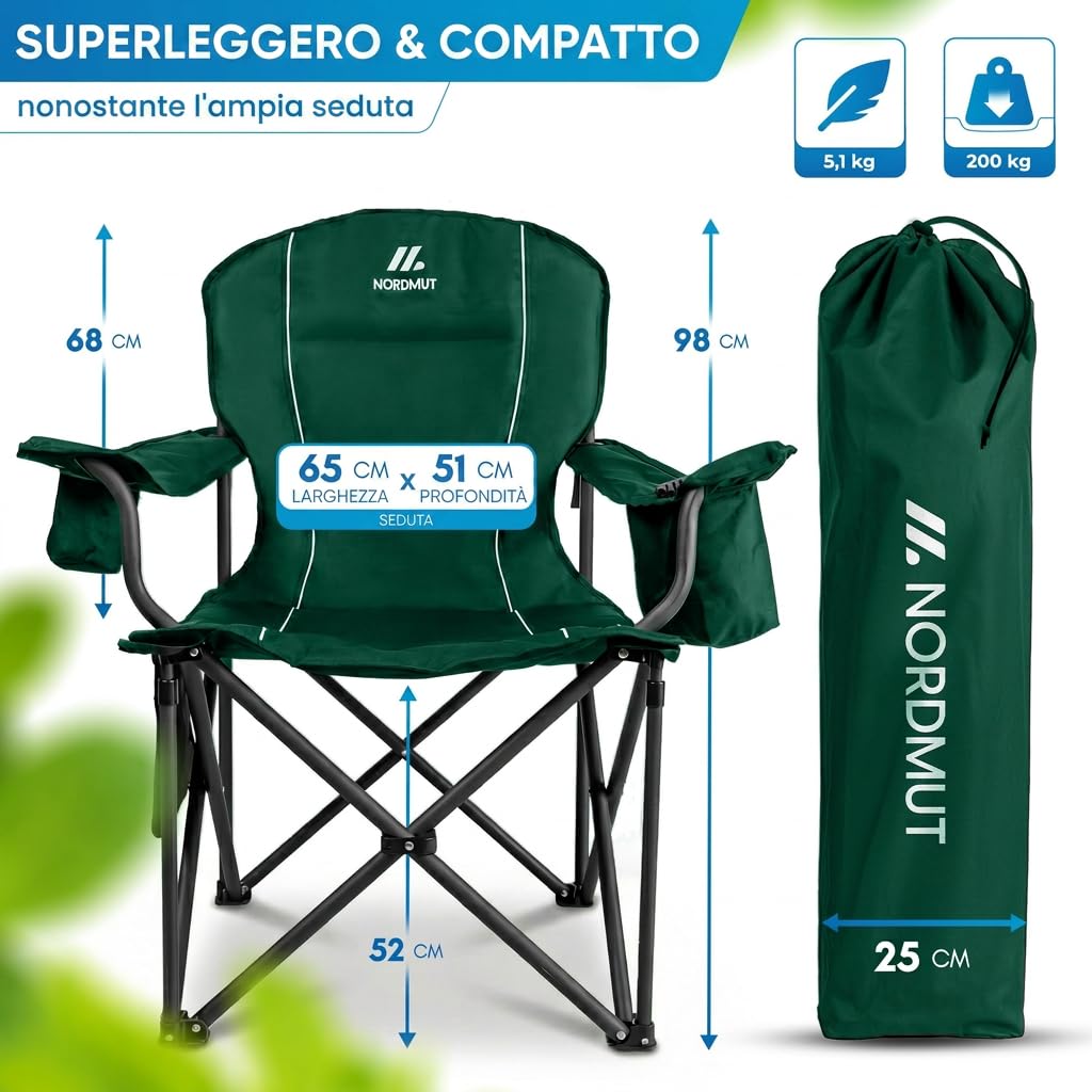 NORDMUT® Sedia da campeggio pieghevole leggera – stabile con portata 200 kg – Comoda sedia da pesca con pratica borsa frigo e portabicchieri (Verde 1x)