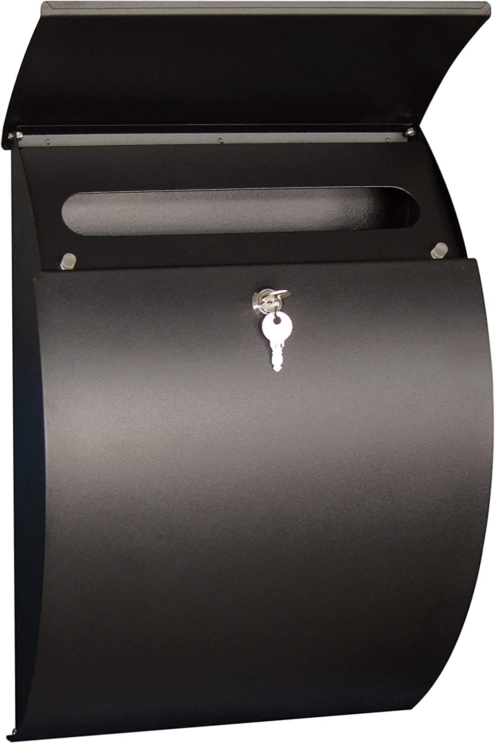 Contemporary Large Locking Wall Mount Mailbox Secure Modern Rustproof Letter Box Mail (Matte Black)