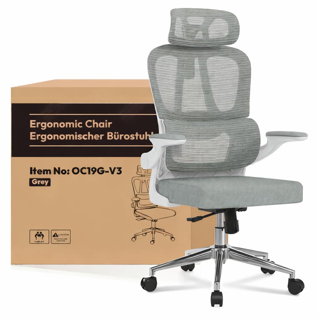 FLEXISPOT OC3 Lite Silla Escritorio, Silla de Oficina Ergonómica con Reposabrazos 3D, Silla de Ordenador Regulable en Altura con Soporte Lumbar, Asiento de Malla,Gris+Blanco