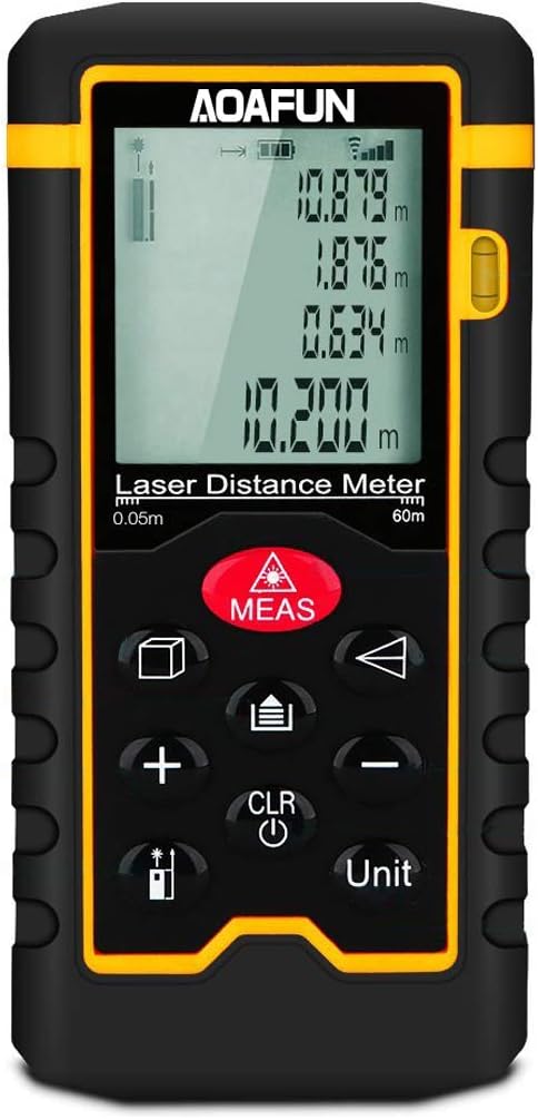high precision handheld laser range finder 60m, digital laser tape measure (measuring range 0.05~60m/± 1.5 mm with LCD backlight, dust and ip54) including volume/area/Pythagorean