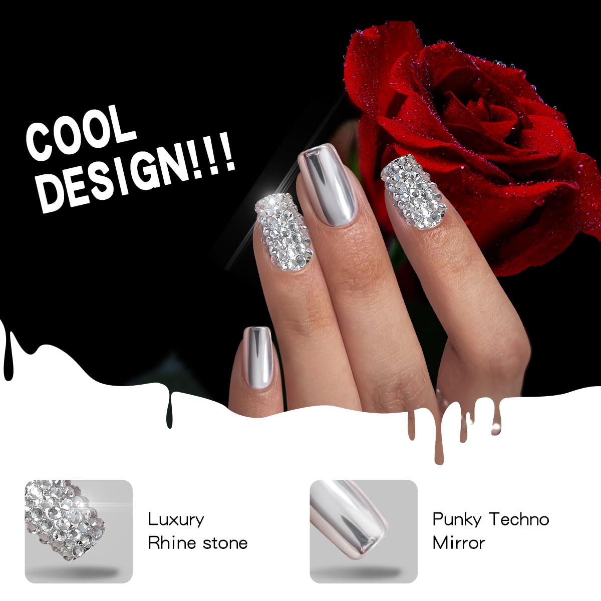 Bling Mirror Sliver Press on Nails Square Metallic Punk Rhinestones Acrylic Fake Nails Manicure Set For Women