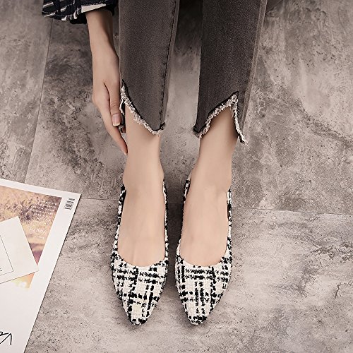 Meeshine Womens Classic Pointy Toe Ballet Flats Slip On Plaid Dress Flat Shoes White-02 US 8 - Thumbnail 7