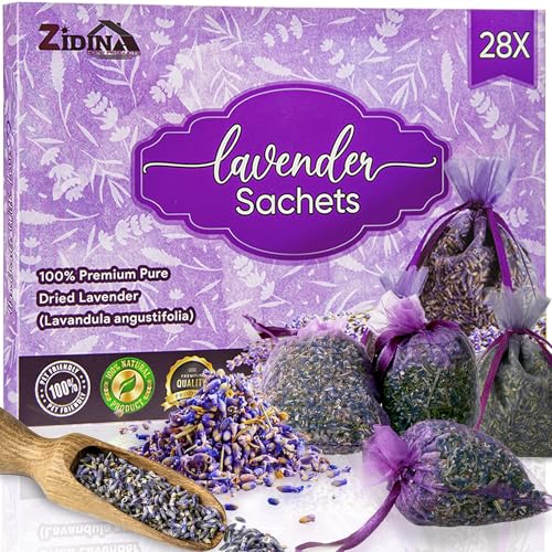 ZIDINA Lavender Bags for Wardrobes 28 Pack - Dried Lavender Sachets for Freshness - Natural Wardrobe Fresheners & Moth Repellent for Drawers Cabinets Clothes Linens Storage- Scented Drawer Sachets