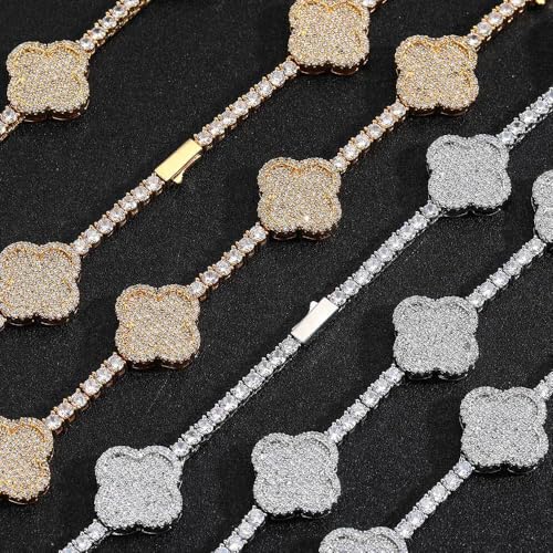 Men's Hip-Hop Spring Clasp Four-Leaf Clover Zircon Tennis Bracelet Silver or Gold Finish Available 7“ or 8” Length Versatile Fashion Accessory - Image 5