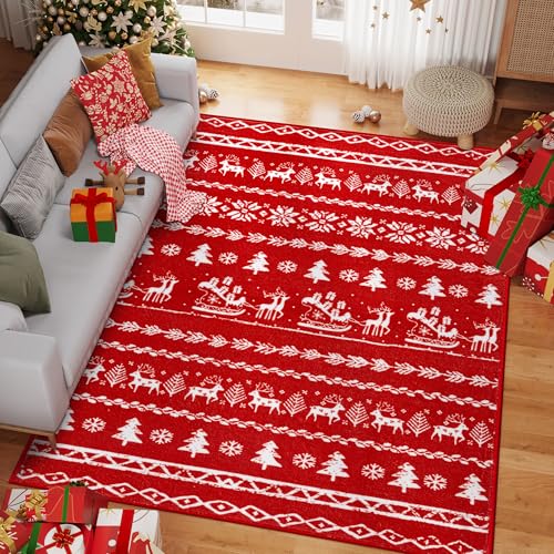 PureCozy Christmas Rugs Living Room Xmas Area Rug 80x150cm Red Carpet Snowflakes Large Washable Non Slip Soft Carpets Bedroom Dining Room Office Christmas Decorations Short Pile