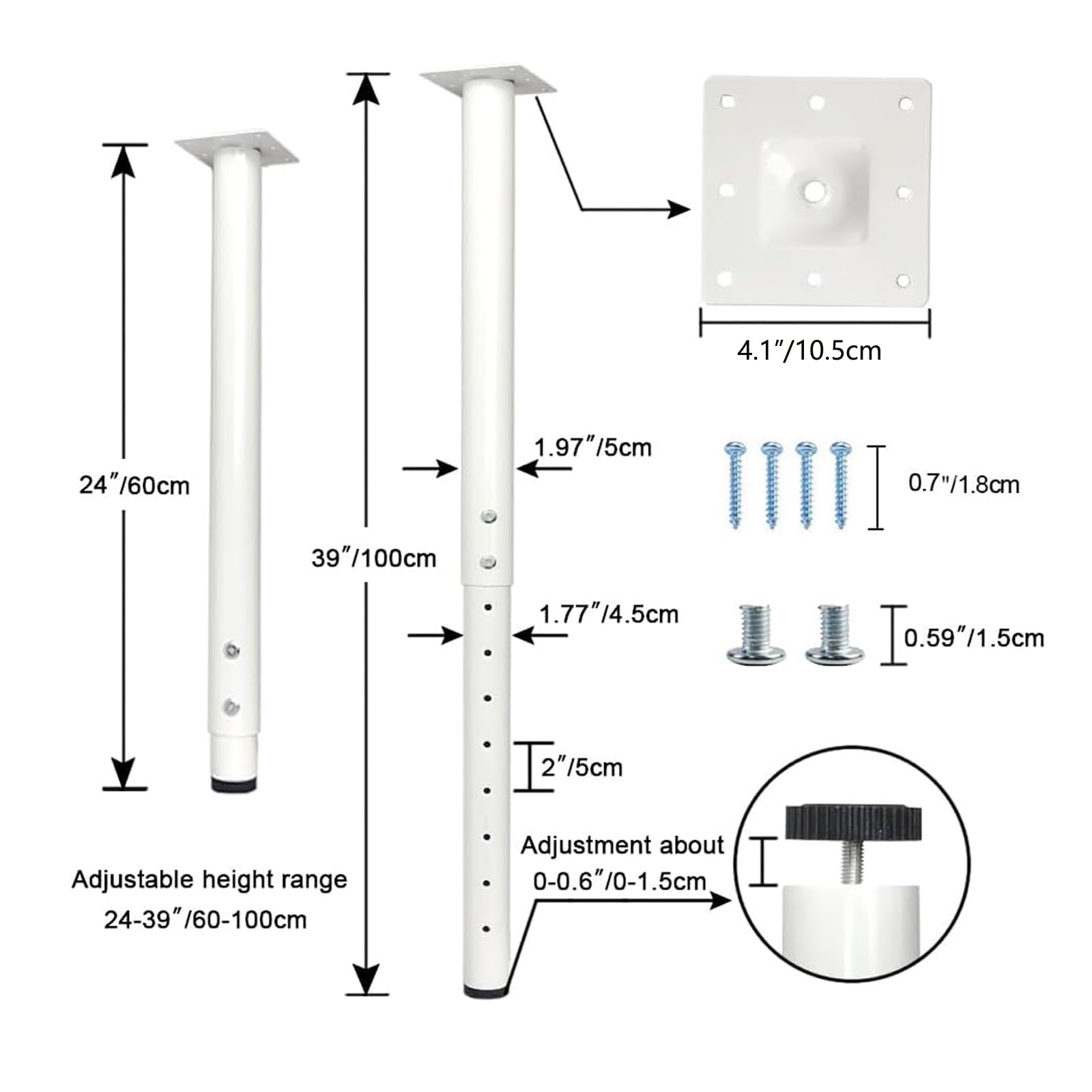 QLLY Runde Tischbeine Metall Weiß 4 Stück Ø50mm Schreibtischbeine Höhenverstellbar 60-100cm Möbelfüße Heavy Duty Metall Tischbeine für Home Office Schreibtisch (4, Weiß)