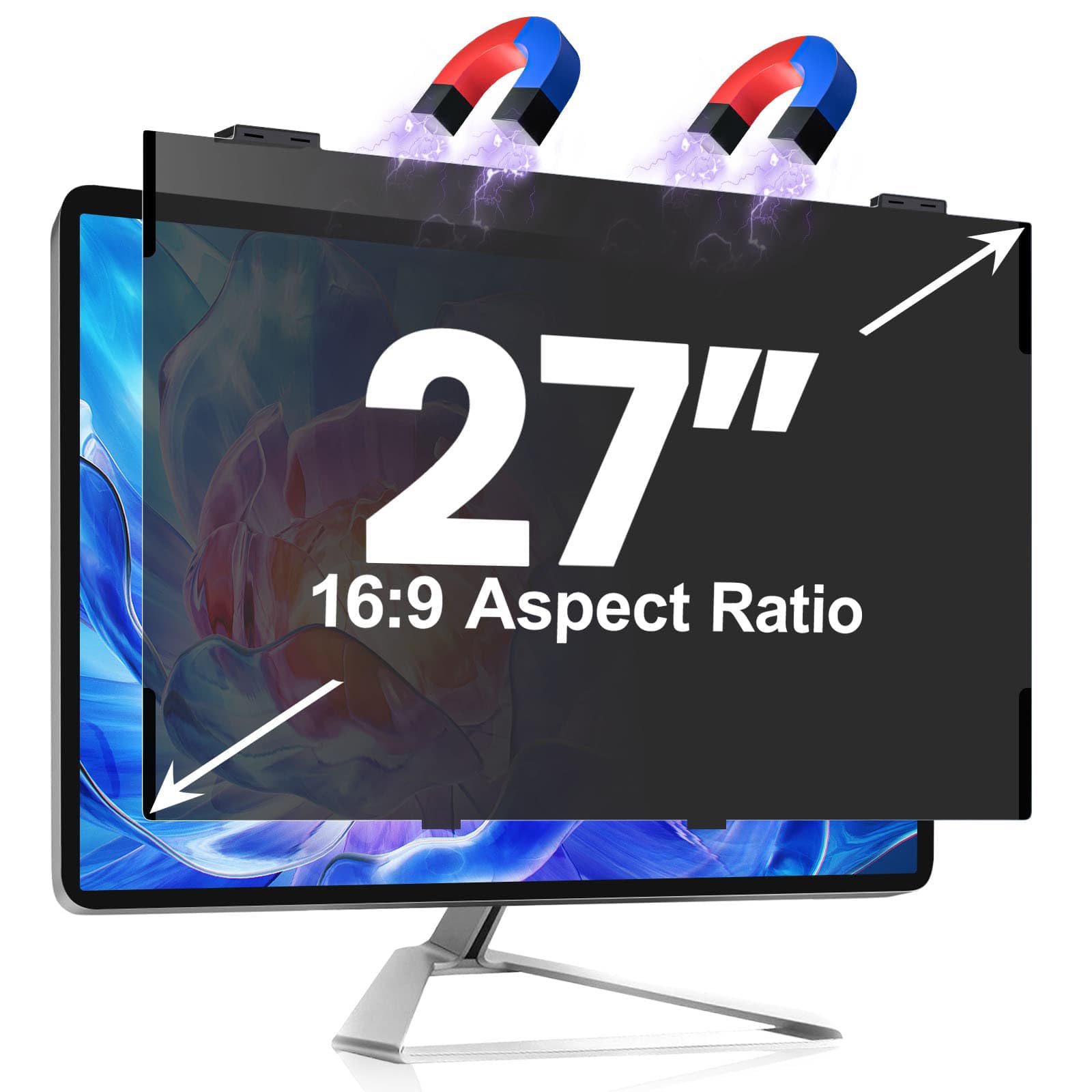 Magnetic 27 Inch Privacy Screen for Computer Monitor, Fit Frameless Monitor 16:9 Widescreen, Anti Blue Light Filter, Anti-Glare Eye Protector Shield, Adhesive-Free, Easy Installation