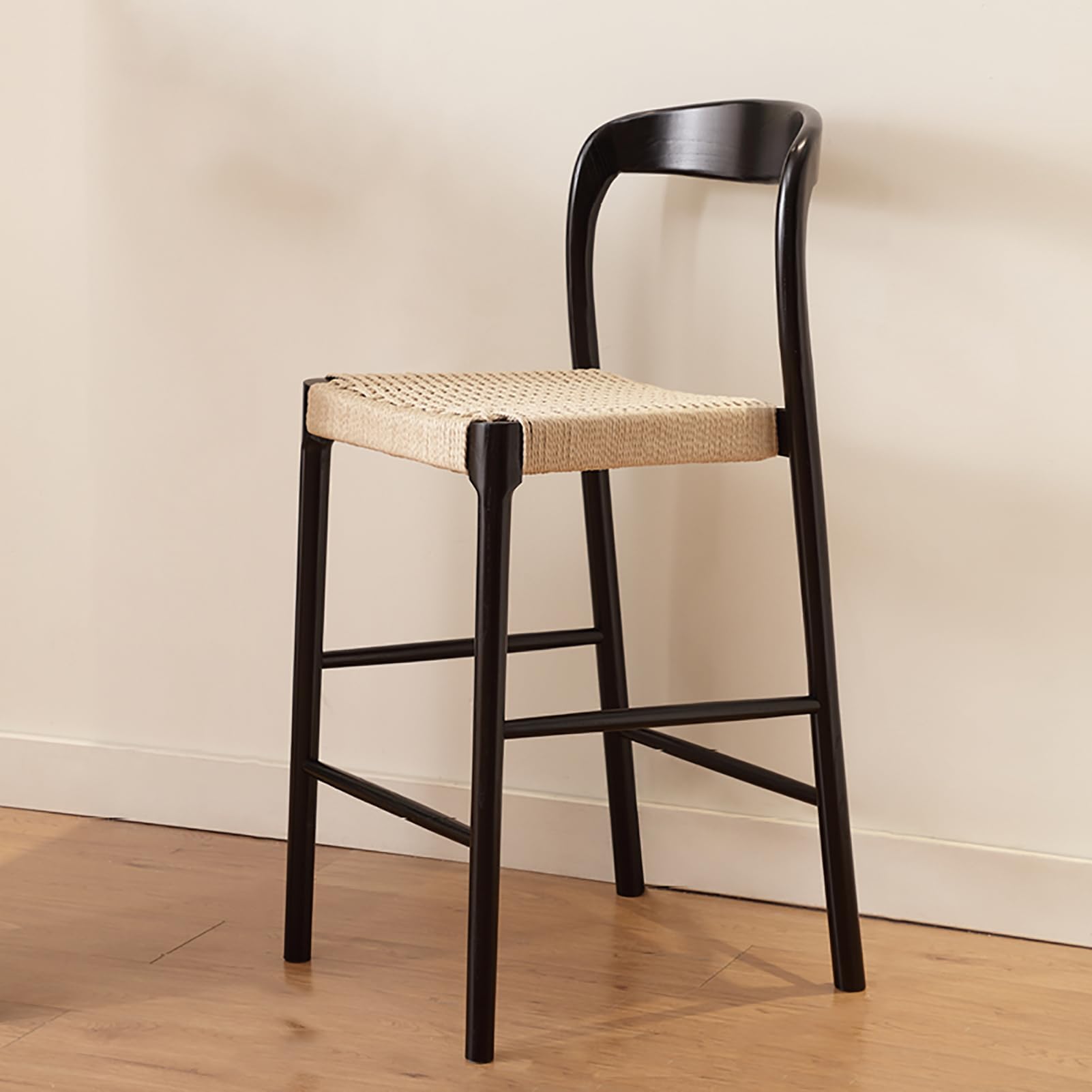 STUIJKVSZ Boho Bar s with Handwoven Rope Seat, Ash Wood Counter Height Bar with Back and Footrest, Farmhouse Bar Chairs Armless Kitchen Island for Home, Café(75cm/29.5", Black)