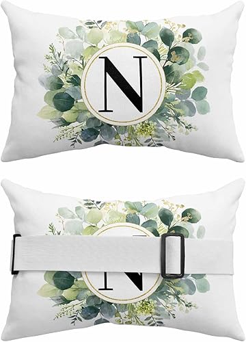 Miniatura 2 de Paquete de 2 fundas de almohada lumbares con hojas de eucalipto, con monograma de letra N para exteriores, impermeables, para exteriores, fundas