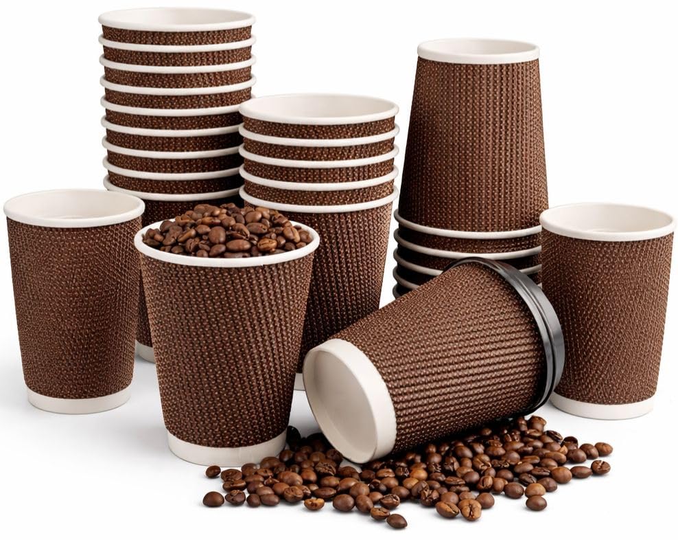 George Pack 200 x 10oz Disposable Ripple Kraft Triple Walled Paper Brown Cups with 200 LIDS (for Tea, Coffee, Cappuccino Hot Drinks, Takeaway & More) 200 Pack 10 Ounce