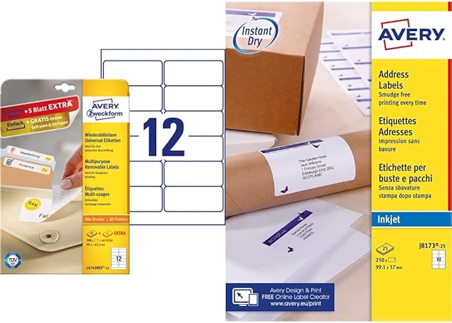 Avery L4743REV-25 Self-Adhesive Removable Labels, 12 Labels Per A4 Sheet, White & Self Adhesive Address Mailing Labels, Inkjet Printers, 10 Labels per A4 Sheet, 250 Labels, Quickdry (J8173), White