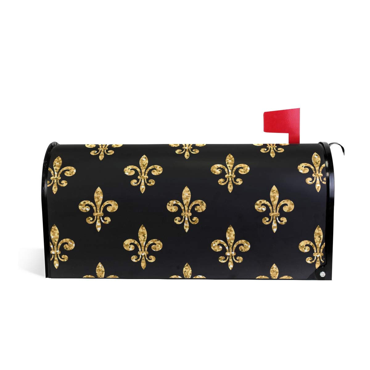 Golden Fleur-De-Lis Floral Black Magnetic Mailbox Cover Mailbox Wrap Post Cover MailWraps Makeover Home Garden Yard Decorative for Standard Size 20.7 x 18.03 inch