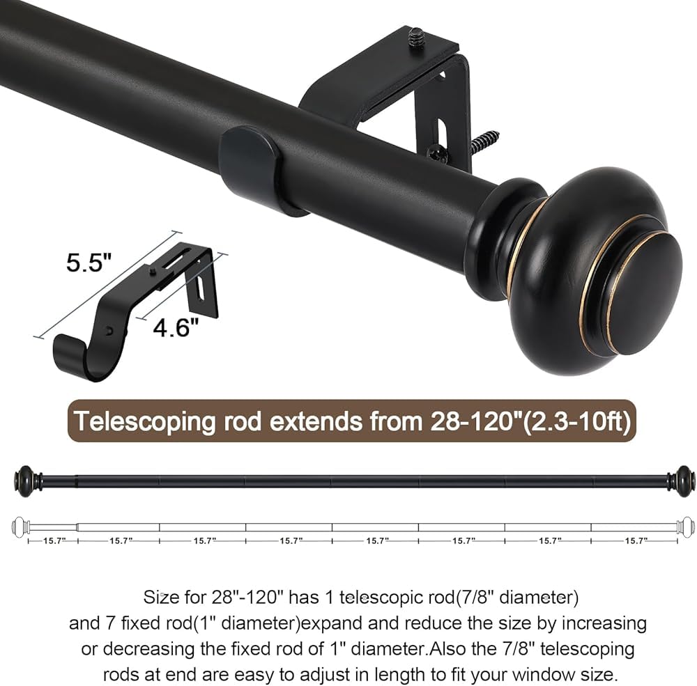 Gardinenstange 28 Bis 120 Zoll,Gardinenstange,Duschvorhangstange,Gardinenstange mit Endkappendesign,für Küche,Fenster,Fenster(Size:28-120in,Color:schwarz)