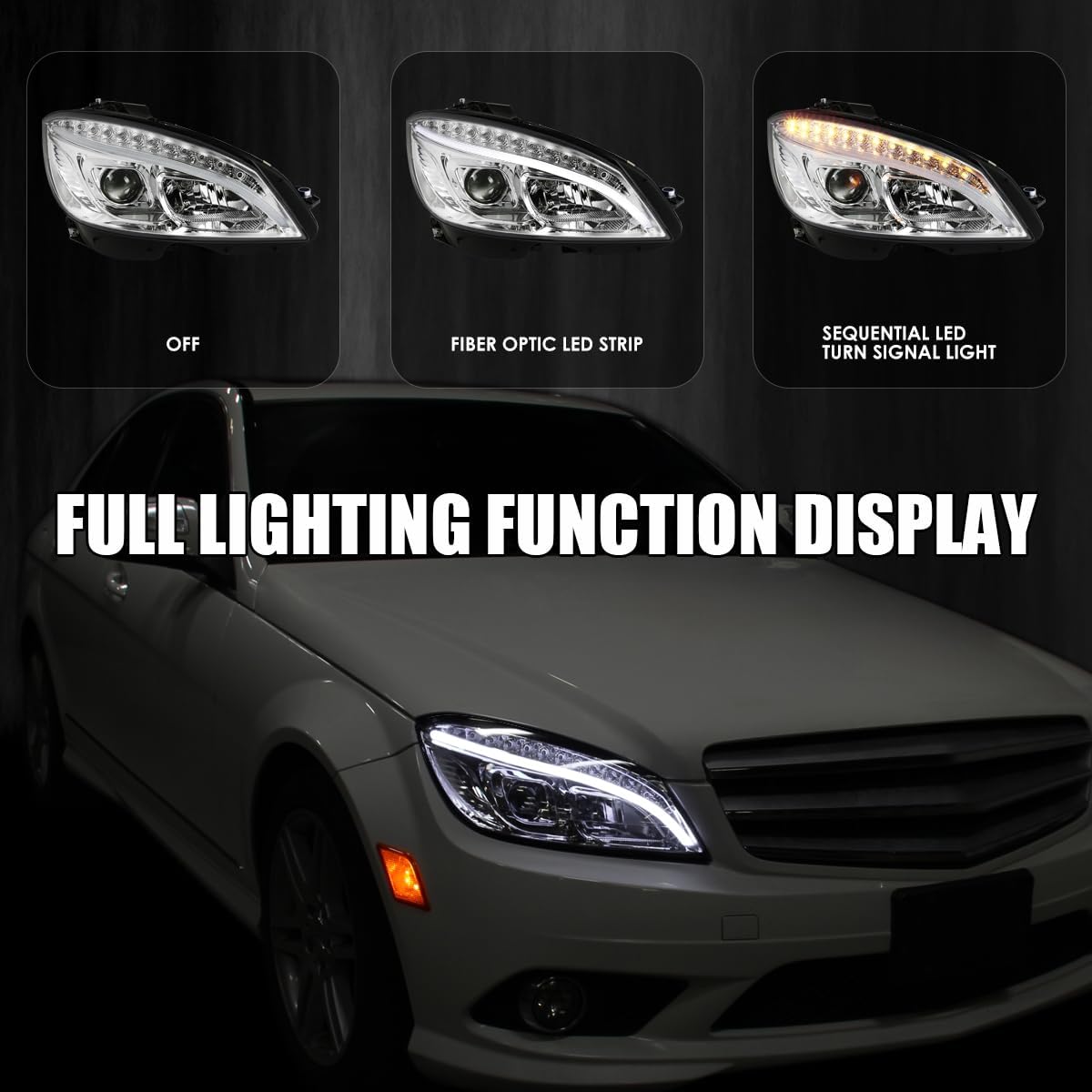 SPEC-D TUNING Chrome LED Projector Headlights Compatible with 2008-2011 Mercedes Benz W204 C-Class, Left + Right Pair Headlamps Assembly