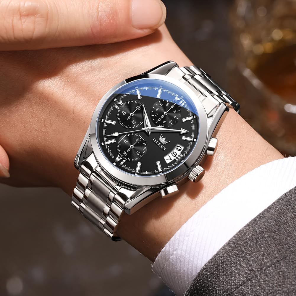OLEVS Watches for Men Luxury Waterproof Stainless Steel Casual Big Face Chronograph Classic Fashion Roman Numeral Quartz Date Men's Wrist Watches Relojes para Hombres