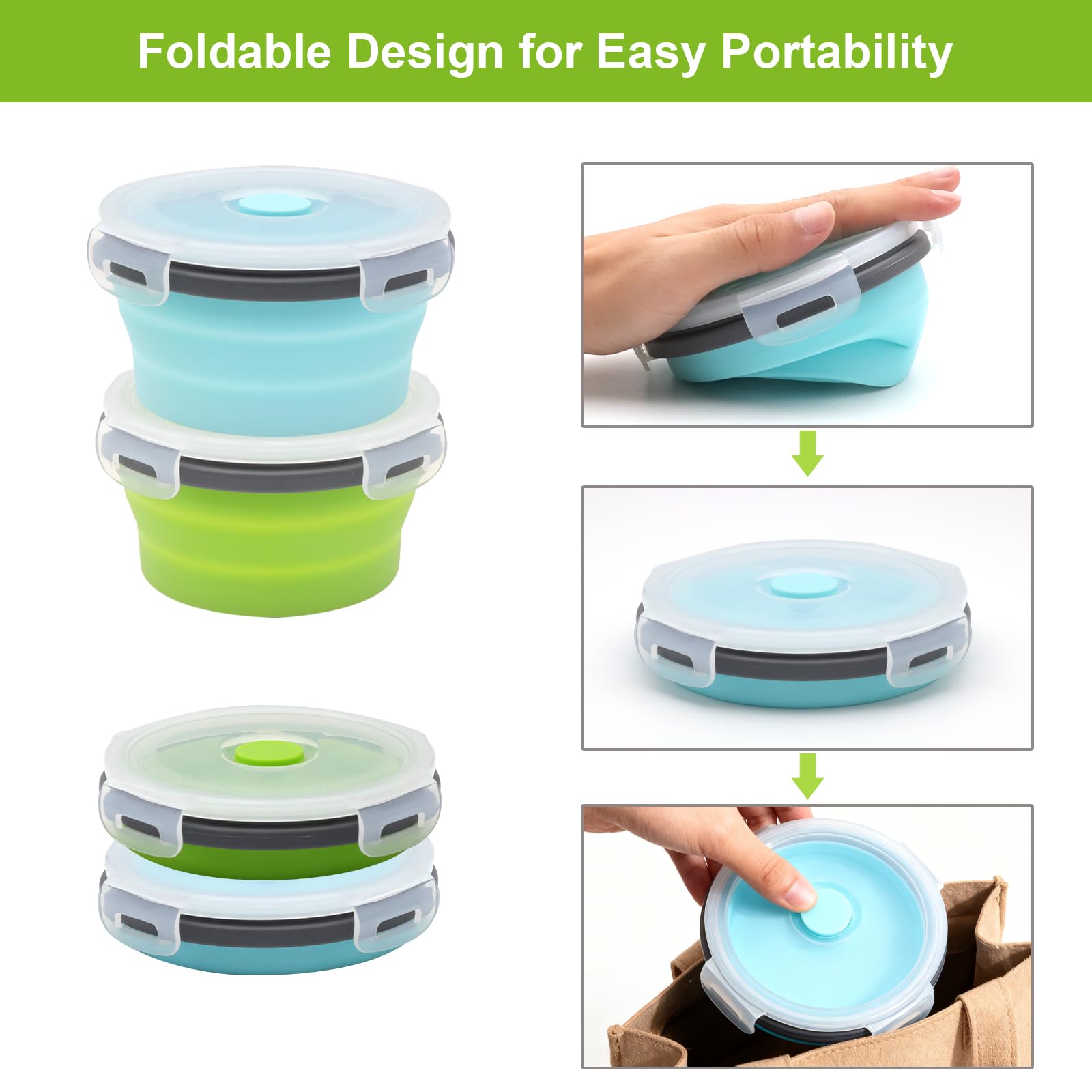 TNSLAND 2 Pezzi Ciotola Pieghevole Campeggio con coperchio, 350ML Contenitori Pieghevoli per Alimenti in Silicone, Ciotola Insalatiera Pieghevole con Coperchio per Campeggio, Escursionismo