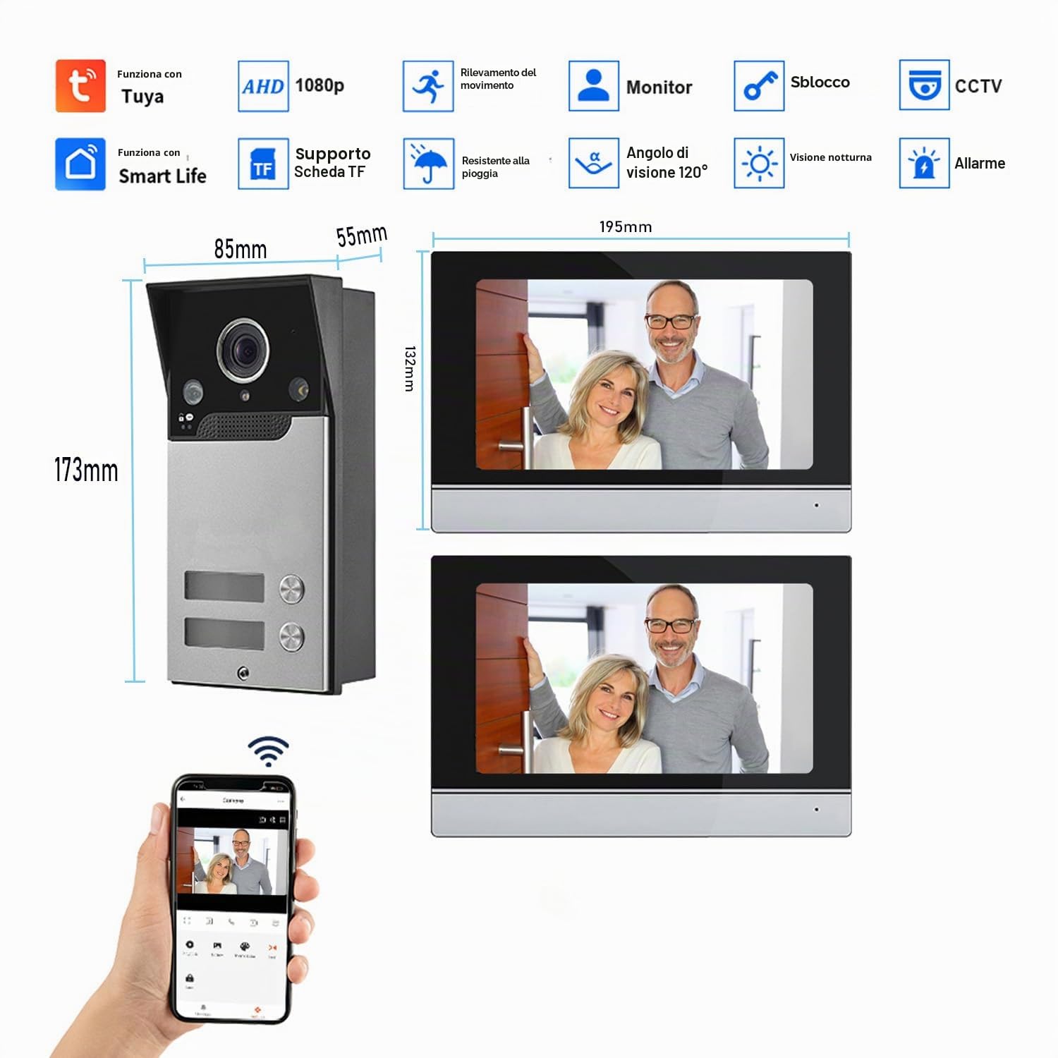Wifi Tuya Videocitofono Cablato 2 Unità Campanello Per Il Sistema Di Videocitofono Domestico Video Campanello, Touch Screen Da 7 Pollici Del Monitor Interno, Telecamera Di Visione Notturna 1080p