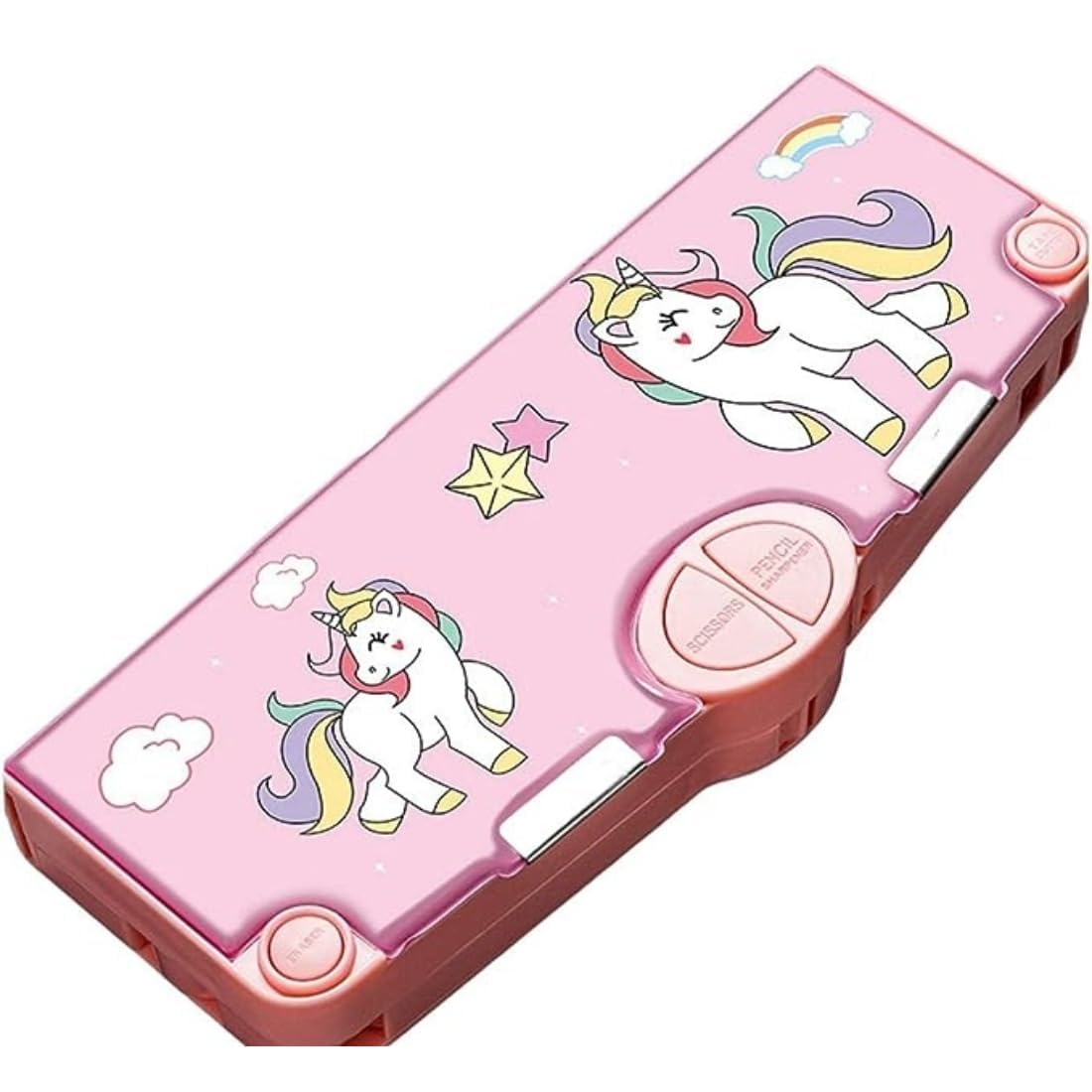 SHUDAUSHI Unicorn Plastic Theme Pencil Box With Eraser,Tape Cutter,Ruler,Scissor & Sharpener For Kids,Unicorn Geometry Box,Pencil Case For Girls Pencil Box Birthday Gift For Girls (Unicorn,Pink)