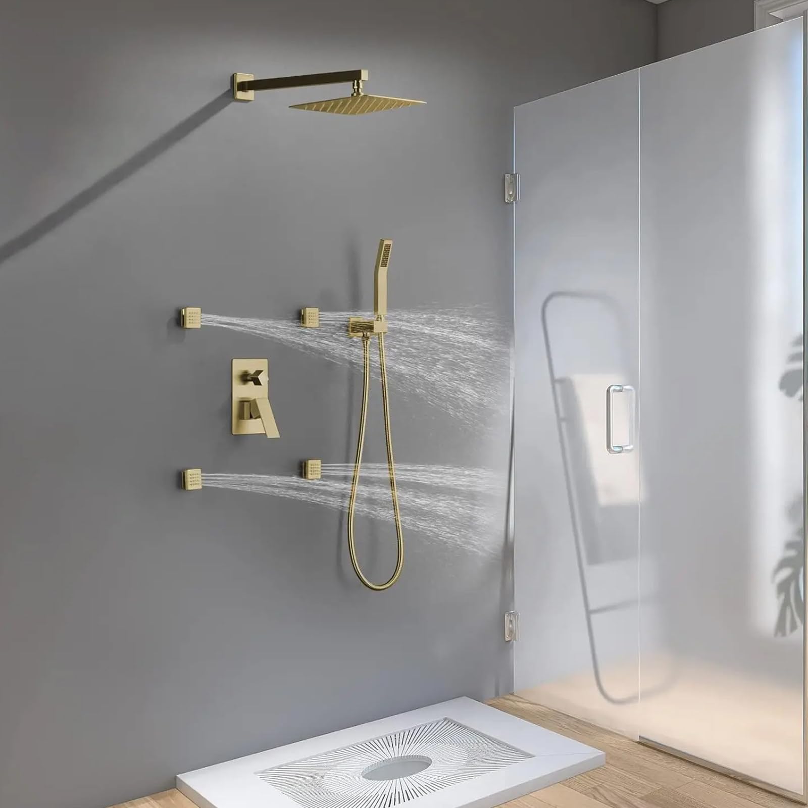 Jets Latéraux Or Brossé Jet de Corps en Laiton Réglables Pulvérisation de Buse Mural Jets de Massage Douche pour Accessoires de Salle de Bain, 5x5cm