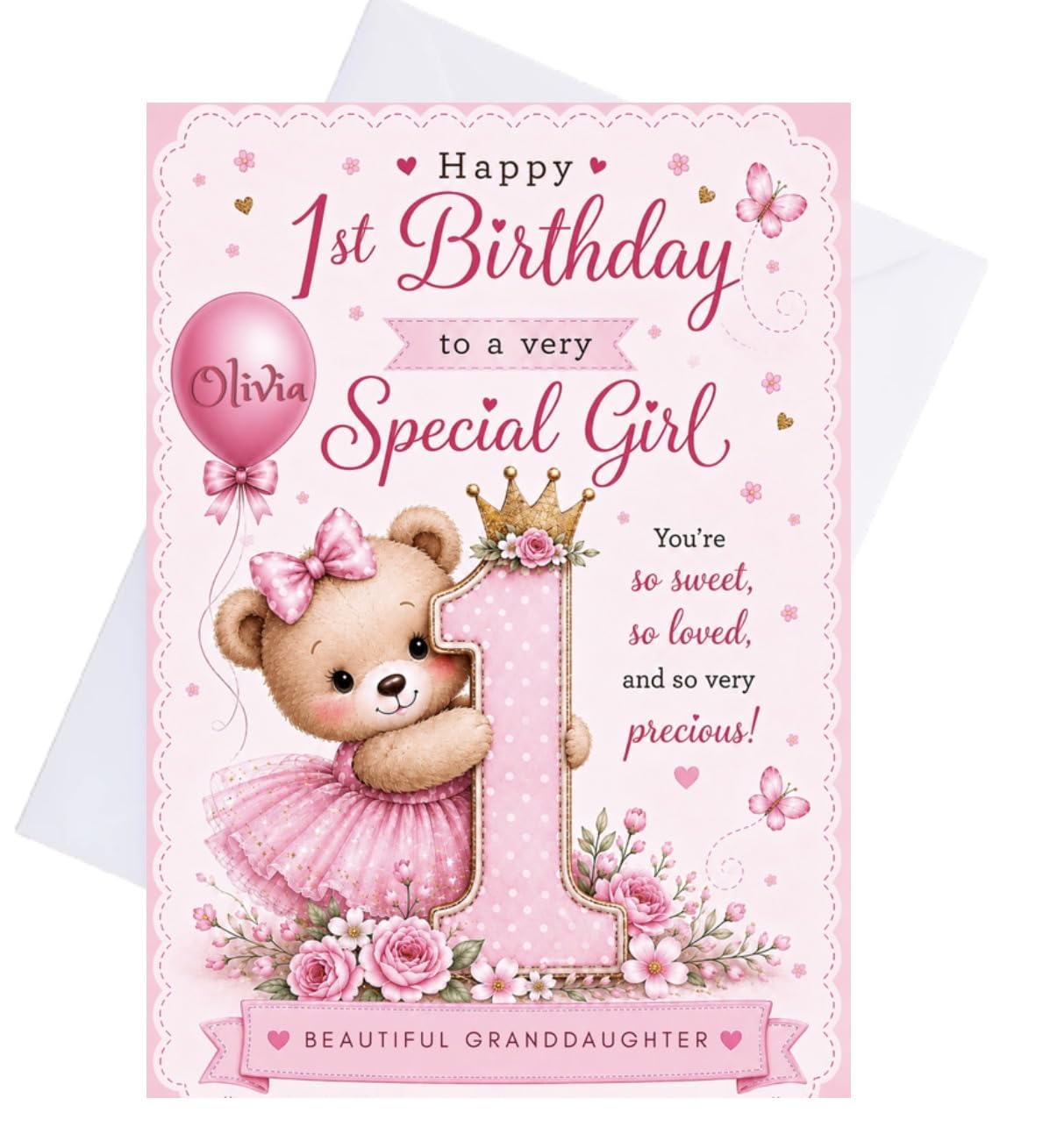 Personalised 1st Birthday Card for Girls, Pink Teddy Bear Design, A5, 300gsm Matte Card with White Envelope