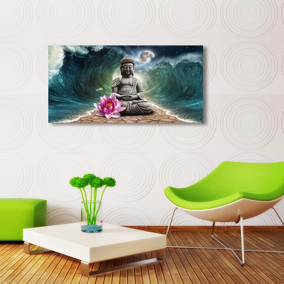 Canvas Wall Art Buddha Pictures Home Decor Grey Zen in The Background of Moon and Waves Poster Prints Painting for Living Room Bedroom Bathroom Kitchen Office Decoration Hindu Artwork 20x40 Inches 20x40inches x 1pcs(50x100cm x 1pcs) grey buddha green wave