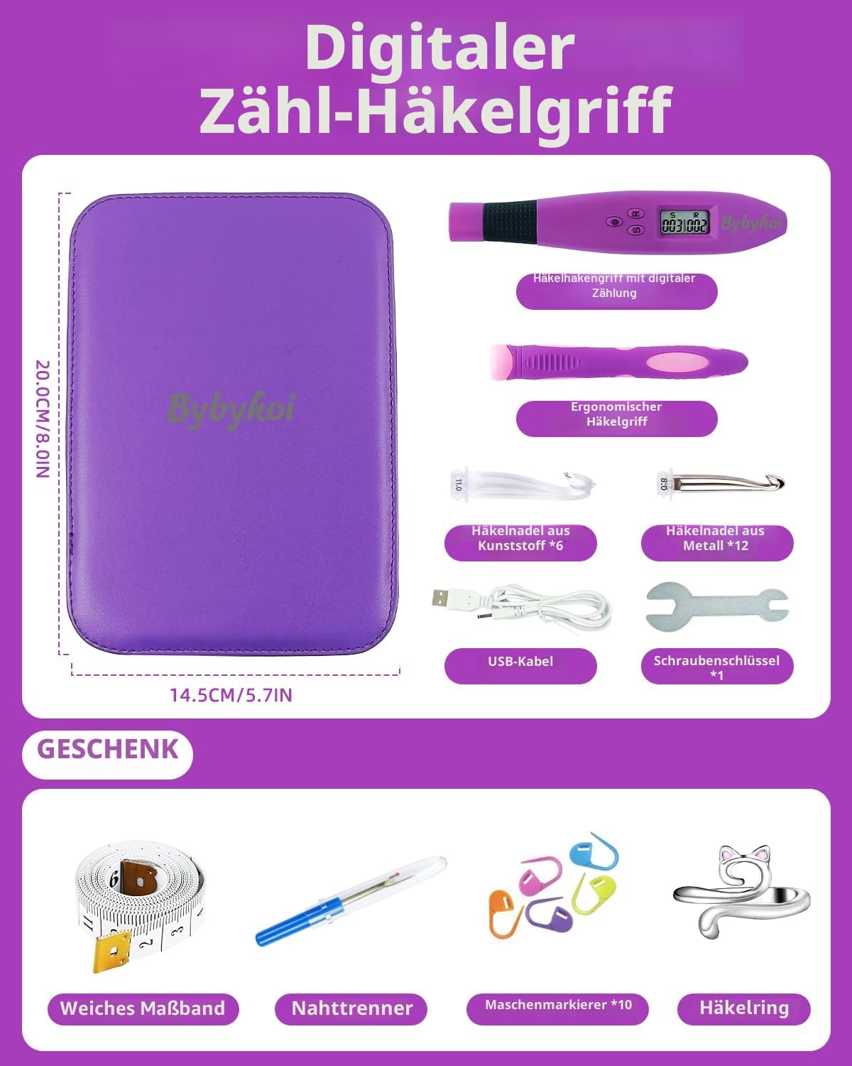 Beleuchtete Häkelnadeln Set-18 Größen Digitale Häkelnadeln mit Zähler 2,0~14,0mm, Ergonomische Häkelnadeln Beleuchtete Häkelnadeln für Stich- und Reihenzählung