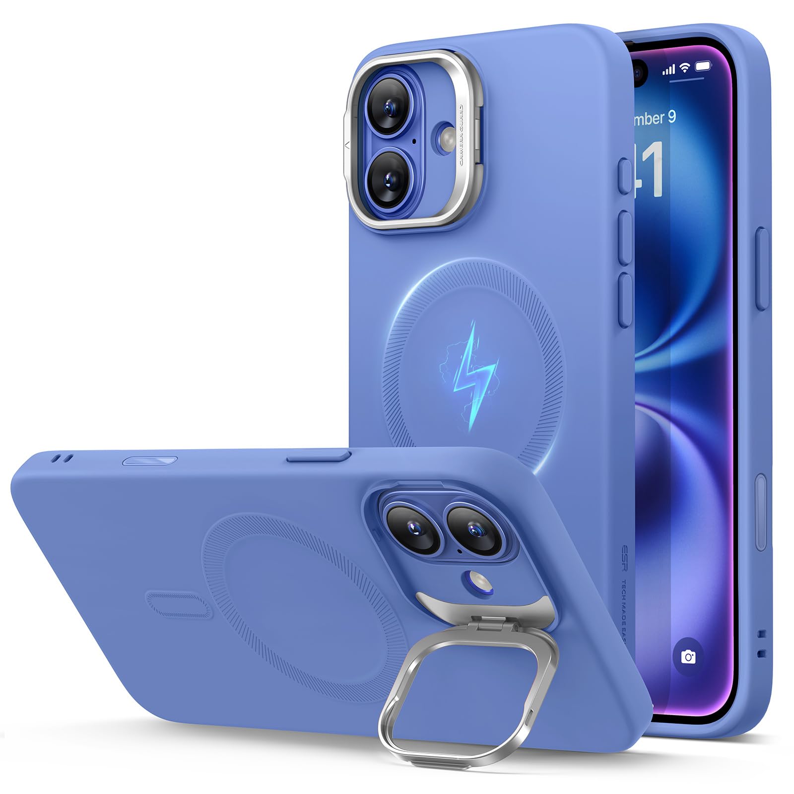 ESR for iPhone 16 Case, Button Silicone Case with Stand, Compatible with MagSafe, Built-in Camera Stash Stand, Magnetic Phone Case for iPhone 16 Pro Max, Cloud Series, Ultramarine