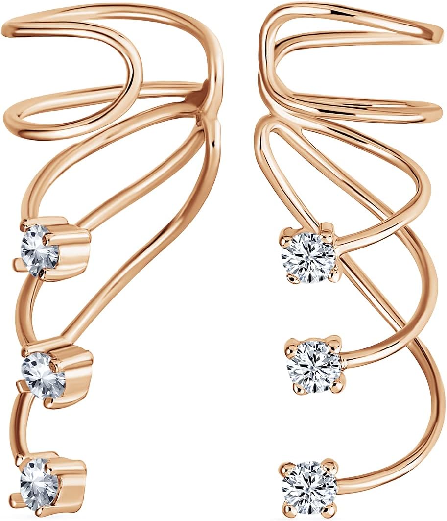 Triple Spiral CZ Curved Crawlers Wire Cubic Zirconia Cartilage Ear Cuff Pin Earring For Women Teen 14K Yellow Rose Gold Plated .925 Sterling Silver
