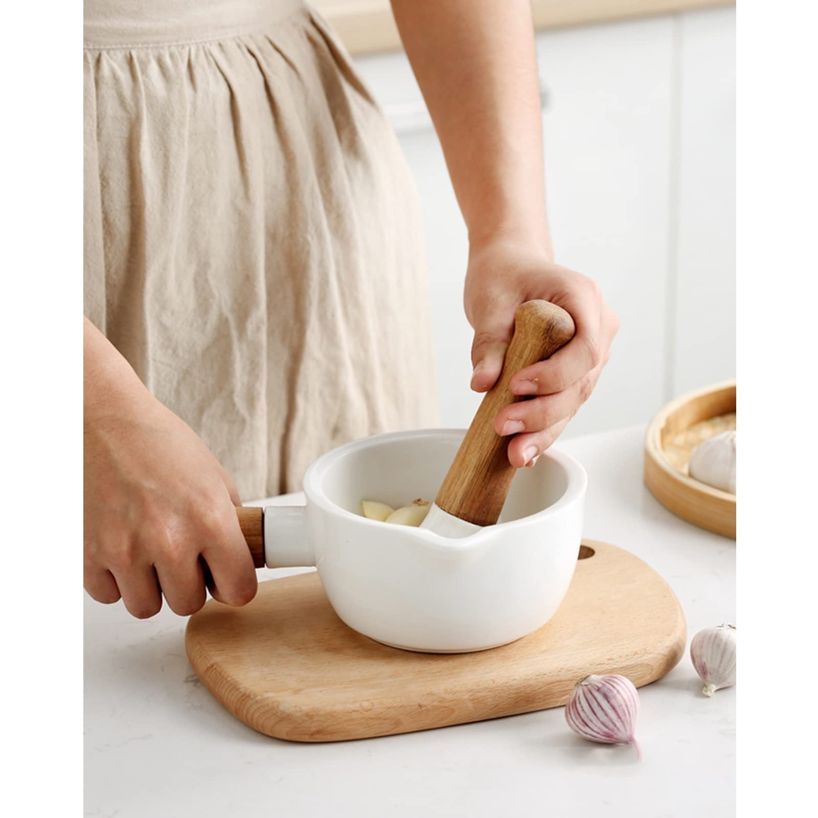 Juego de mortero y mortero de Porcelana con Boquilla, Molinillo de Especias, Cuenco for Hierbas, Polvo de Pesto, Juego de mortero y mortero de Porcelana, Herramientas de Cocina