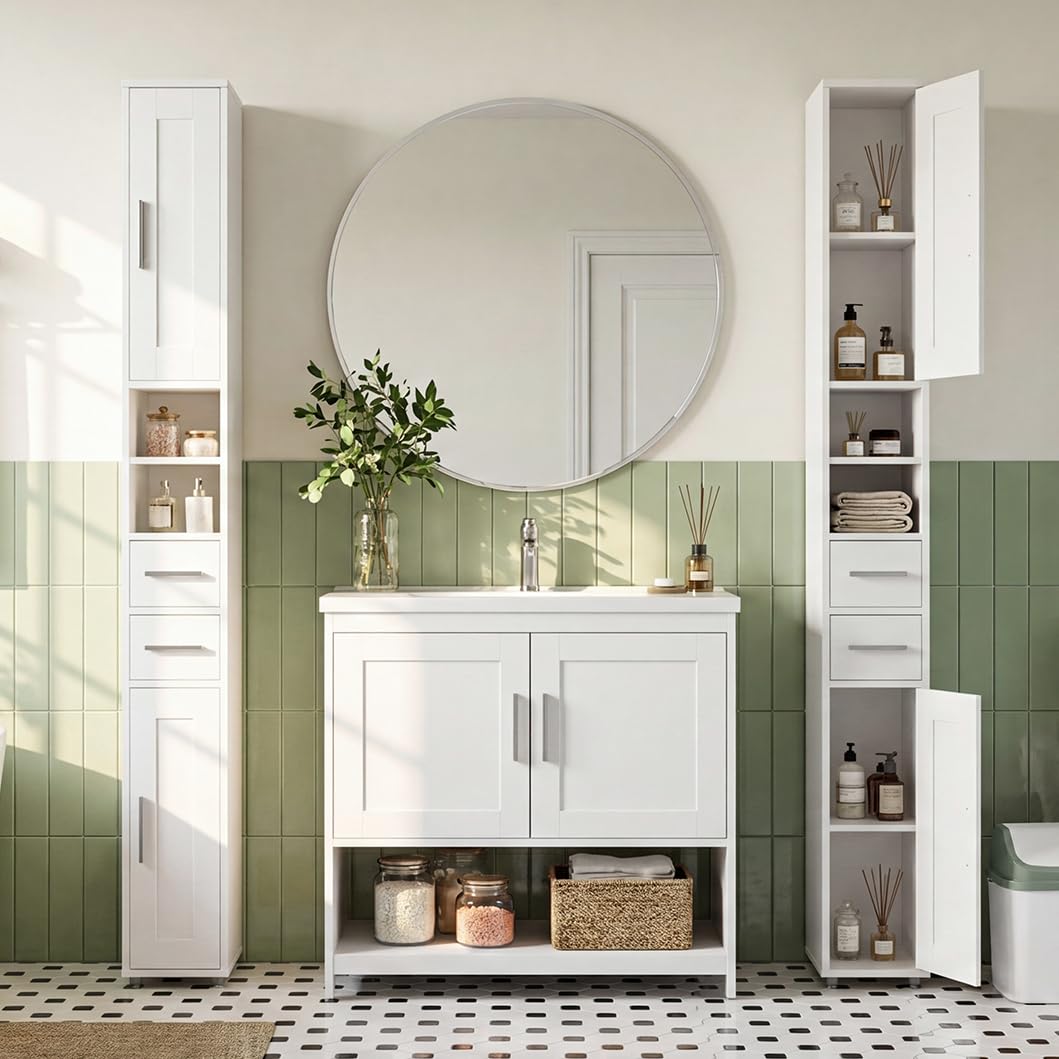 APICIZON Badezimmerschrank, Badschrank Hochschrank, Badezimmerschrank schmal, Badschrank mit verstellbaren Einlegeböden und Schublade, Nischenschrank für Waschbecken, WC, Waschmaschine, Weiss