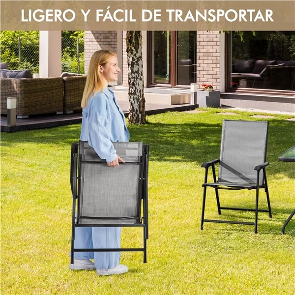 Yaheetech Juego de 2 Sillas Plegables para Exterior Capacidad 150kg Gris | con Reposabrazos,Poliéster Resistente,Marco Metálico, Asiento Amplio 45,5x43cm, para Terraza/Balcón/Camping/Comedor/Exterior