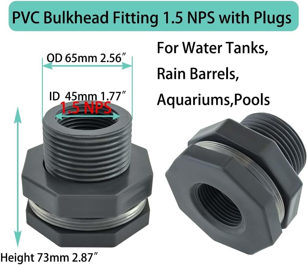 YSIL PVC Bulkhead Fitting 1.5 Inch Female Water Tank Connector with Plugs Pipe Fitting for 2-9/16"(65 mm) Water Tanks,Rain Barrels, Aquariums,Pools 1 Pack