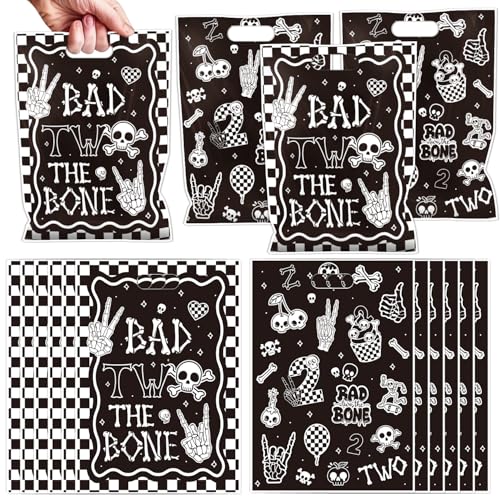Aposwow Bad Two the Bone Party Decorations - 50 Pcs Black Bad 2 The Bone Goodies Candy Gift Treat Bag Skeleton Theme 2nd Party Favors for 2 Year Old Birthday Decorations