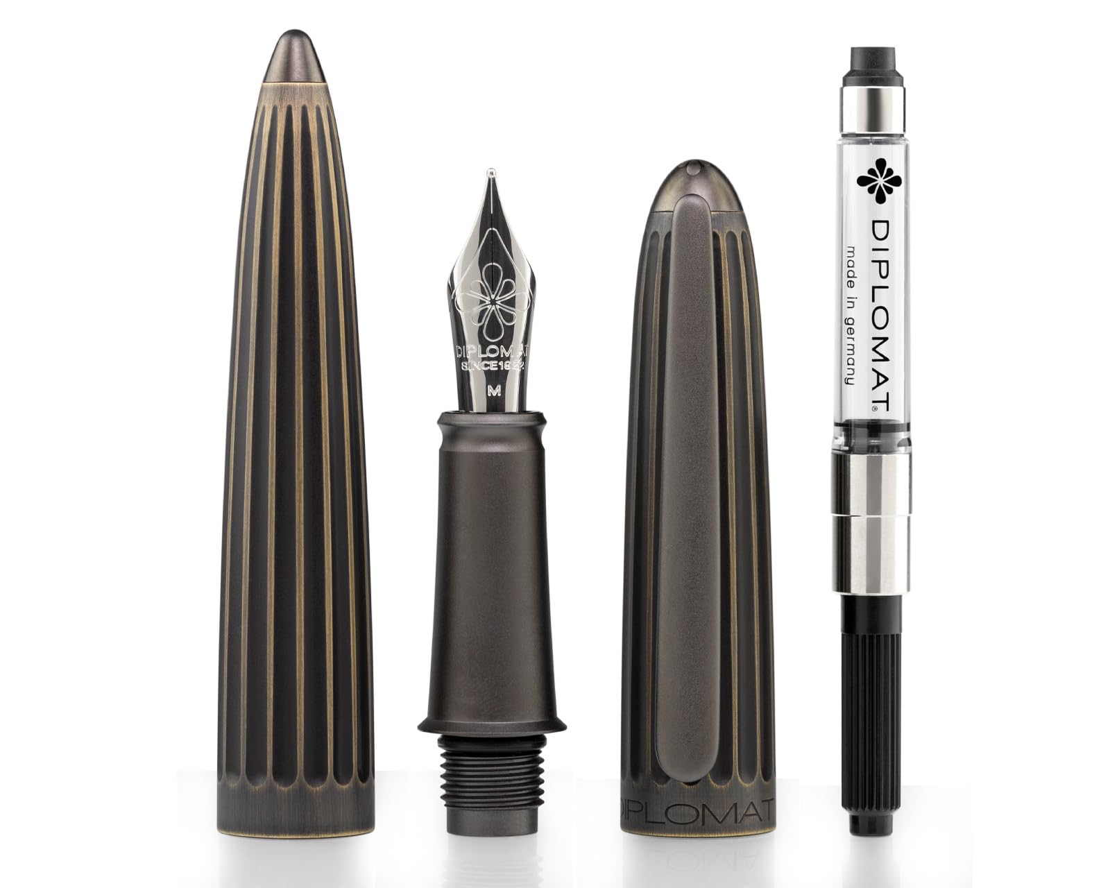 Diplomat Aero Füllhalter-Set Oxyd Messing, Octopus Tinte und Konverter | Metallfüllhalter mit Edelstahlfeder M, 30 ml Octopus Tinte Königsblau und Tintenkonverter