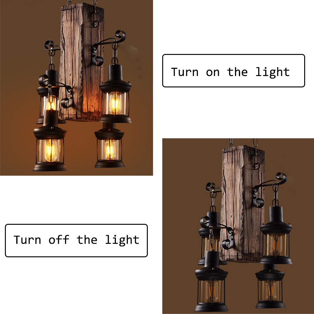 Pendellampe Vintage Industrielle Holz Kronleuchter 4 Kopf Retro Industrial Style Creative Disign Lampe Hängeleuchte Cafe Loft Metall Glas Dekorativer Kreativ Wohnzimmer Esszimmer Bar Cafe Hängelamp