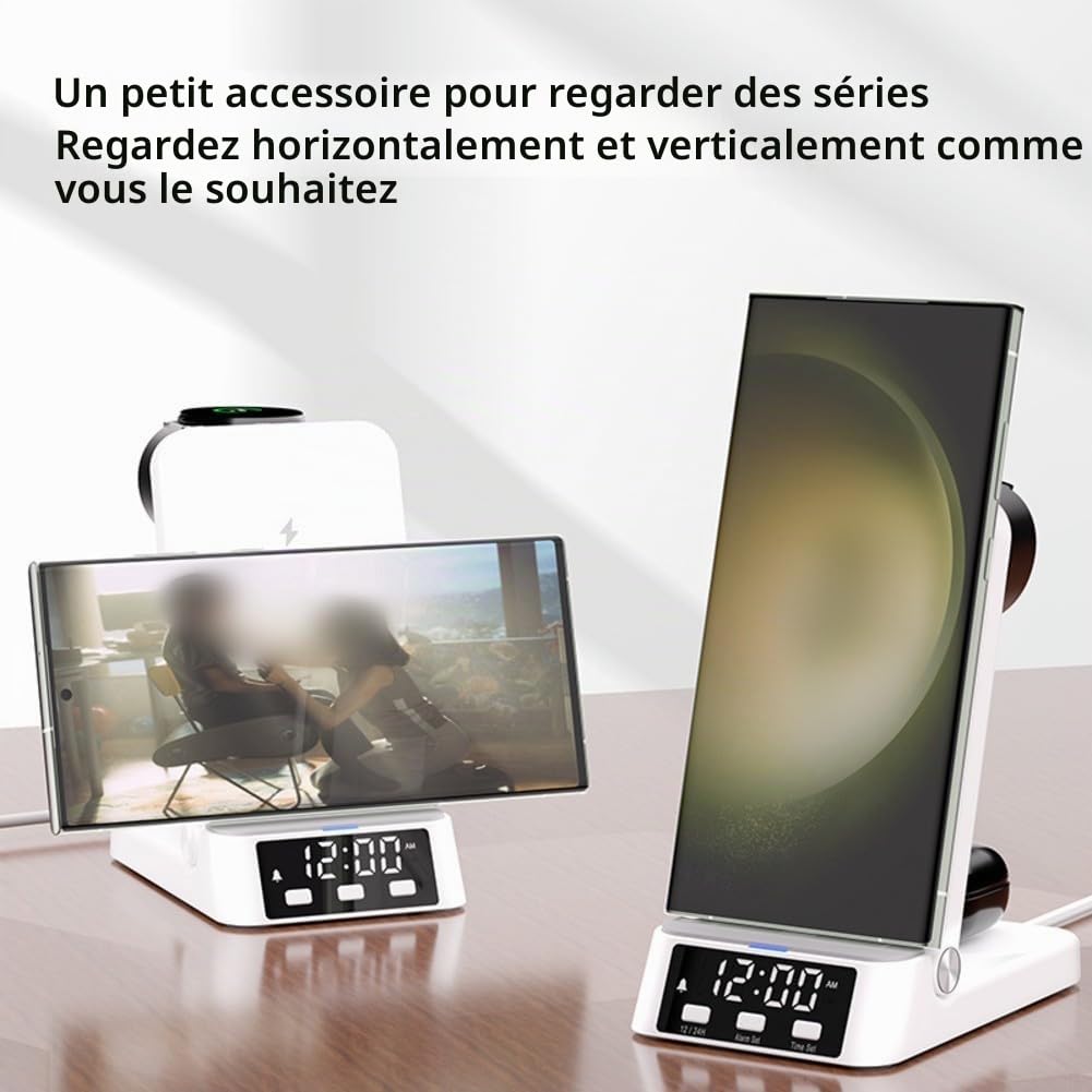 Chargeur sans fil pour Samsung, station de charge sans fil 3 en 1 pour téléphones Samsung, écouteurs et montres avec horloge, pour support de chargeur de téléphone portable Samsung (noir)