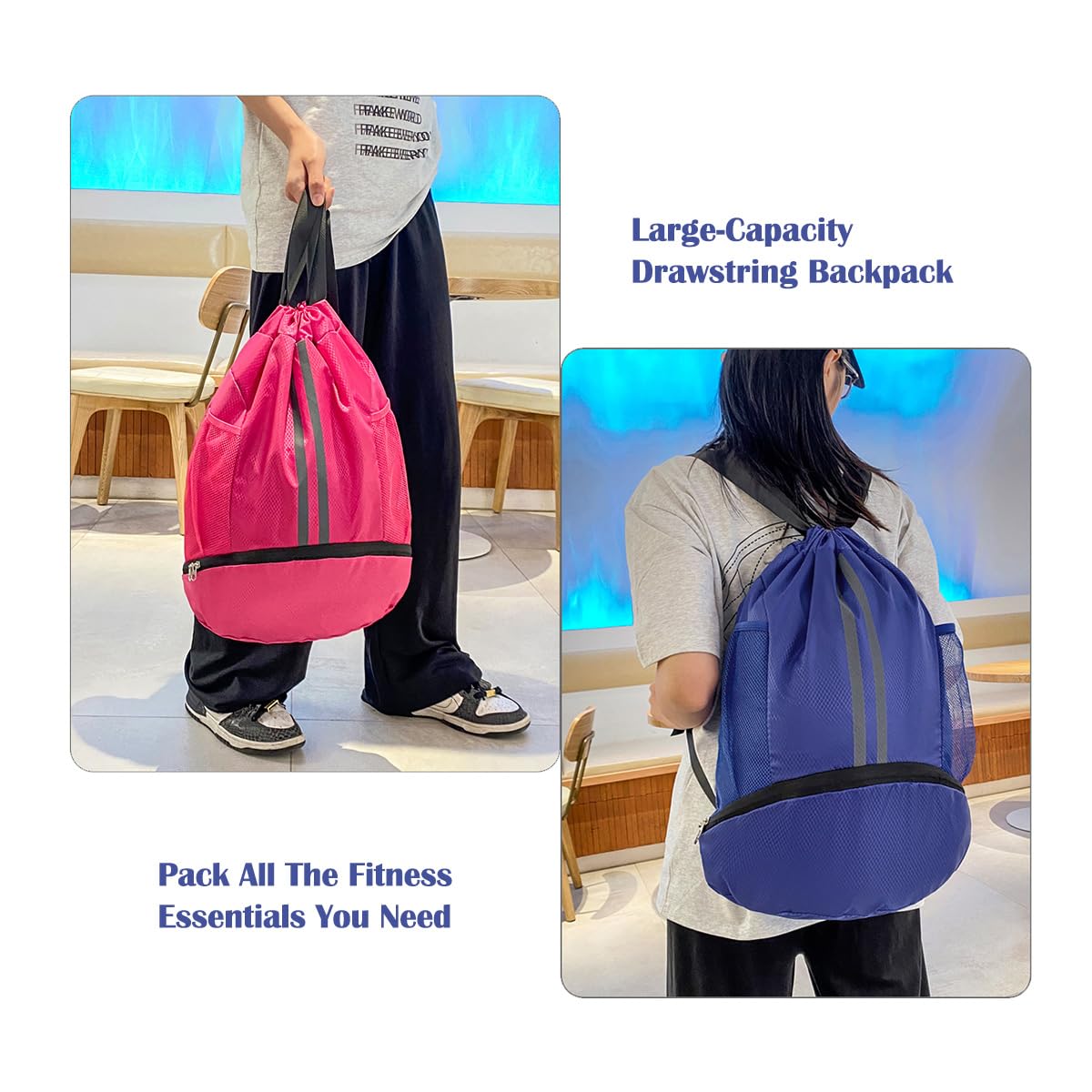 Mochila con cordón, bolsa de gimnasio de natación con compartimento para zapatos y bolsillo a prueba de humedad para mujeres y hombres, Azul marino 1 , Mochila con cordón — view 6